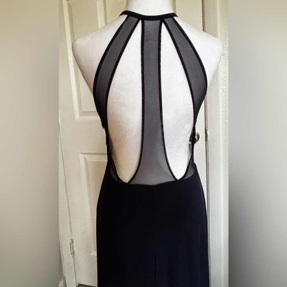 Night Way Collections Deep Blue Formal Gown with Mesh Bodice Detail and Slit - Picture 6 of 8